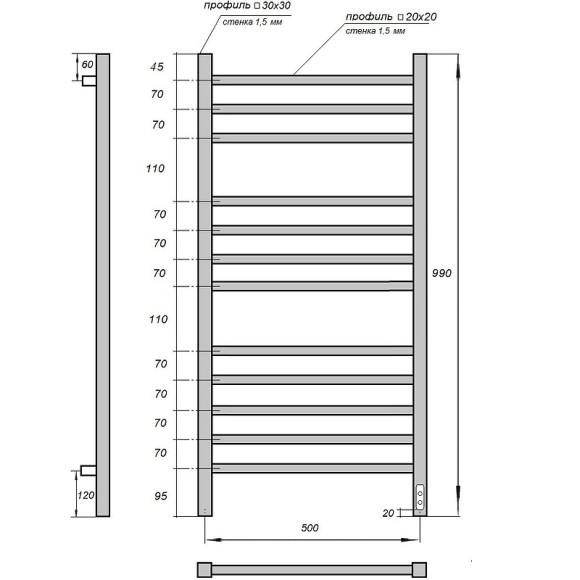 Электрический полотенцесушитель Point Вега PN71850 П12 500x1000 диммер справа Хром Электрический полотенцесушитель Point Вега PN71850 П12 500x1000 диммер справа Хром