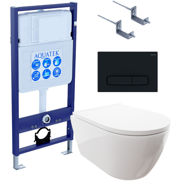 Комплект унитаза с инсталляцией Aquatek Set Aquatek Поларис-025 4в1 с сиденьем Микролифт и Черной матовой клавишей смыва