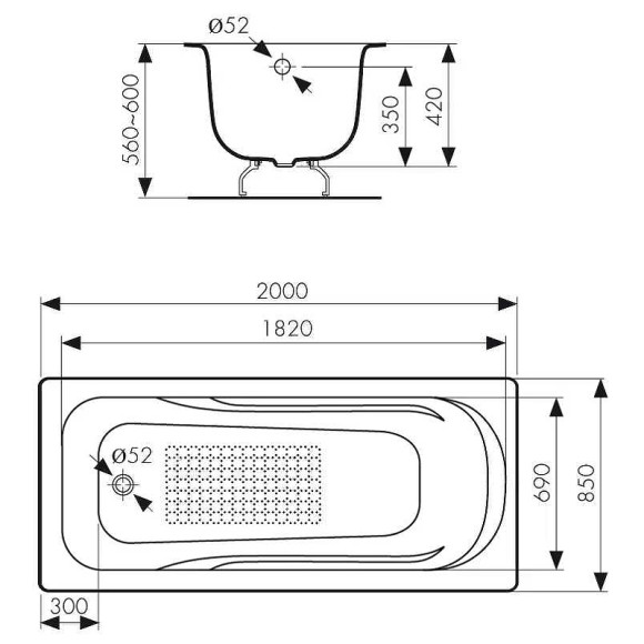 Чугунная ванна Kaiser 200х85 КВ-2001 с антискользящим покрытием Чугунная ванна Kaiser 200х85 КВ-2001 с антискользящим покрытием