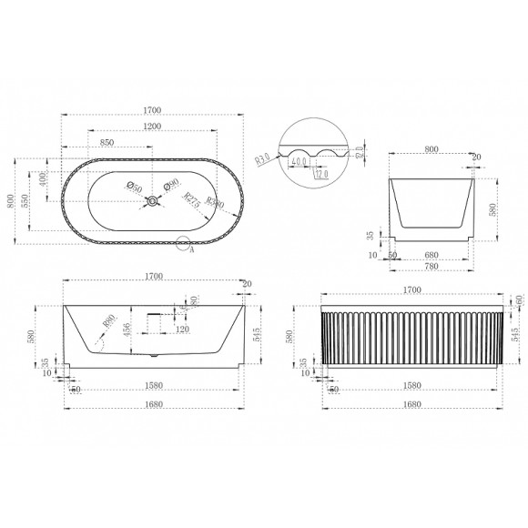 Акриловая ванна Abber 170х80 AB9410-1.7 без гидромассажа