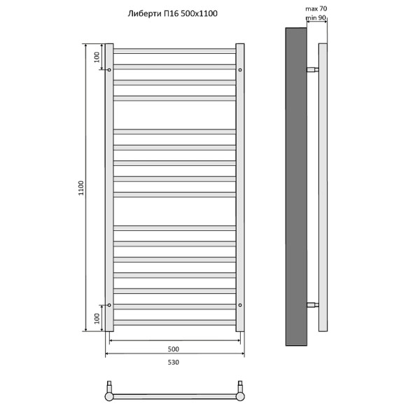Водяной полотенцесушитель Aquatek Либерти П16 500x1100 AQ RR1610BL Черный муар
