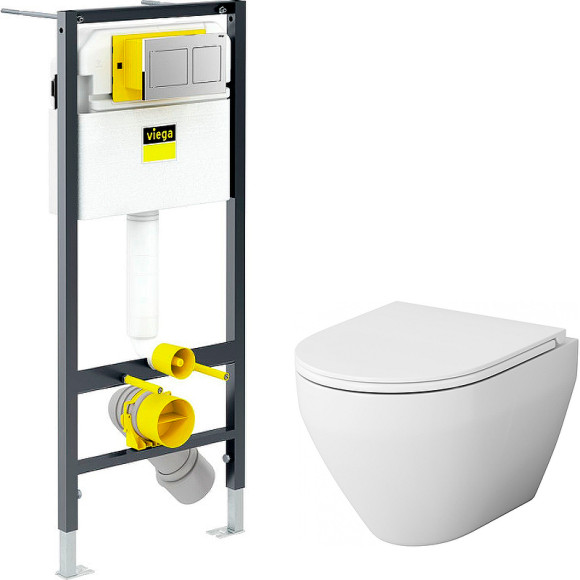 Комплект унитаза AM.PM Spirit FlashClean C701700WH+C707857WH с инсталляцией Viega Prevista Dry 8524.14 792596 с сиденьем Микролифт и клавишей смыва Хром