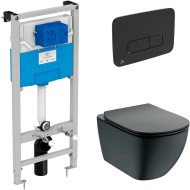 Комплект унитаза с инсталляцией Ideal Standard Tesi Aqua Blade T3868V3/123A6 с сиденьем Микролифт и Черной матовой клавишей смыва