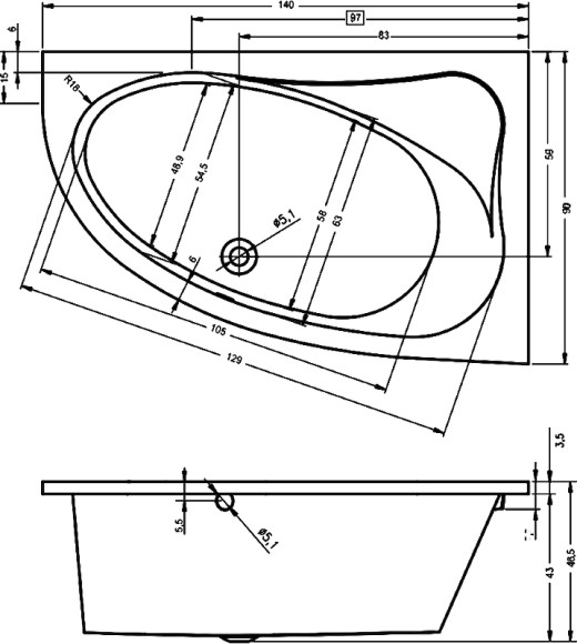 Акриловая ванна Riho Lyra 140x90 B020001005 (BA6600500000000) L без гидромассажа