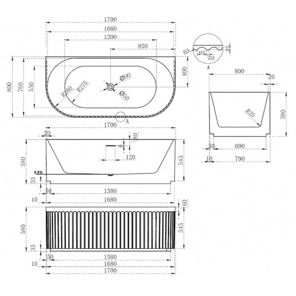 Акриловая ванна Abber 170х80 AB9416-1.7 без гидромассажа Акриловая ванна Abber 170х80 AB9416-1.7 без гидромассажа