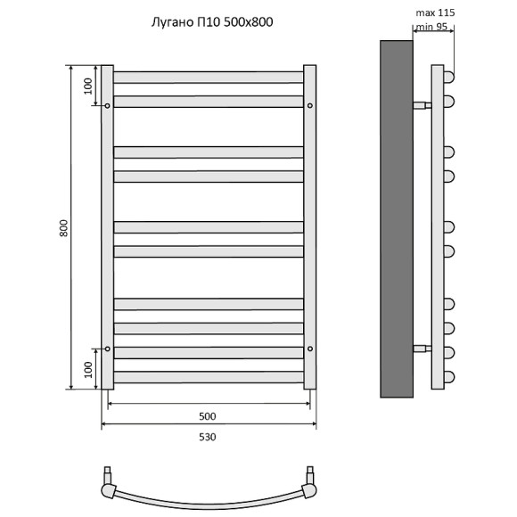 Водяной полотенцесушитель Aquatek Лугано П10 500x800 AQ DOC1080BL Черный муар