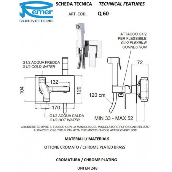 Гигиенический душ со смесителем Remer Qubica Q60 Хром