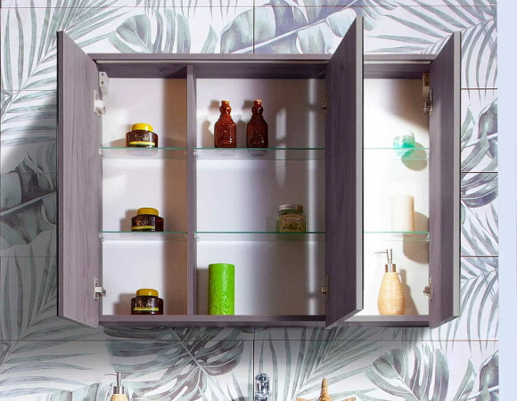 Зеркальный шкаф Бриклаер Кристалл 95 4627125414923 с подсветкой Ясень Анкор темный