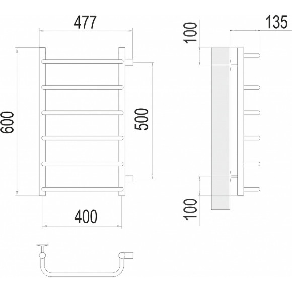 Водяной полотенцесушитель Terminus Стандарт П6 400х600 бп500 4670078530325 Хром, боковое подключение, G 1" НР