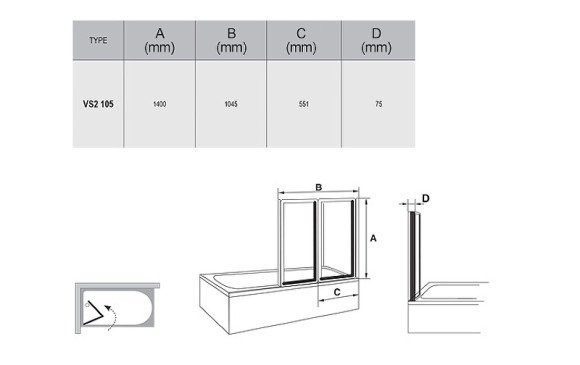 Шторка на ванну Ravak Behappy VS2 105 796M0100ZG профиль Белый стекло Grape