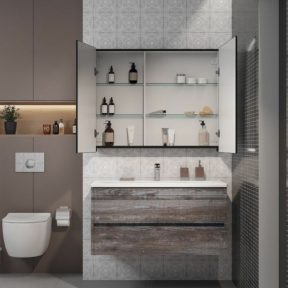 Зеркальный шкаф Art&Max Techno AM-Tec-1000-800-2D-F-Nero с подсветкой с бесконтактным выключателем Черный