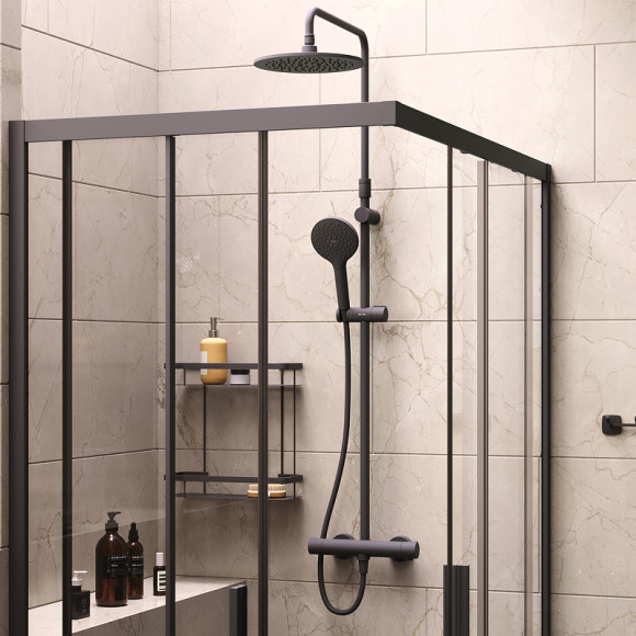 Комплект душевого уголка с душевой системой и аксессуарами AM.PM Gem S 120x80 WK93ER профиль Черный матовый стекло прозрачное Комплект душевого уголка с душевой системой и аксессуарами AM.PM Gem S 120x80 WK93ER профиль Черный матовый стекло прозрачное