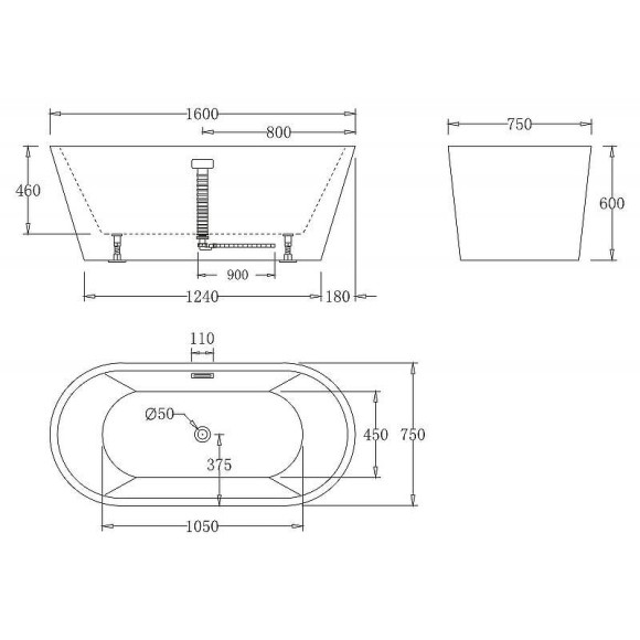 Акриловая ванна BelBagno 160x75 BB71-1600-BIANCO без гидромассажа