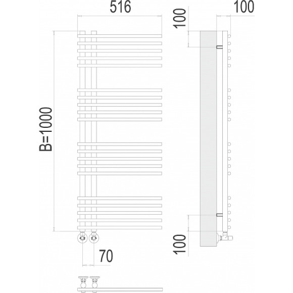 Водяной полотенцесушитель Terminus Астра П20 70х1000 4670078530493 Хром, нижнее подключение, G 1/2" ВР, с комплектом вентилей