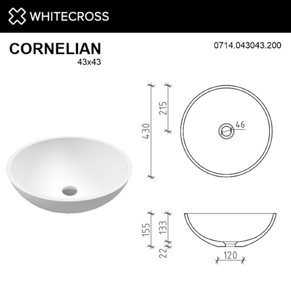 Раковина-чаша Whitecross Cornelian 43 0714.043043.200 Белая матовая Раковина-чаша Whitecross Cornelian 43 0714.043043.200 Белая матовая