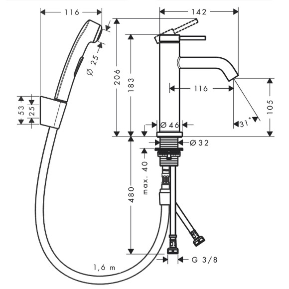 Смеситель для раковины Hansgrohe Tecturis S 73211670 с гигиеническим душем Черный матовый