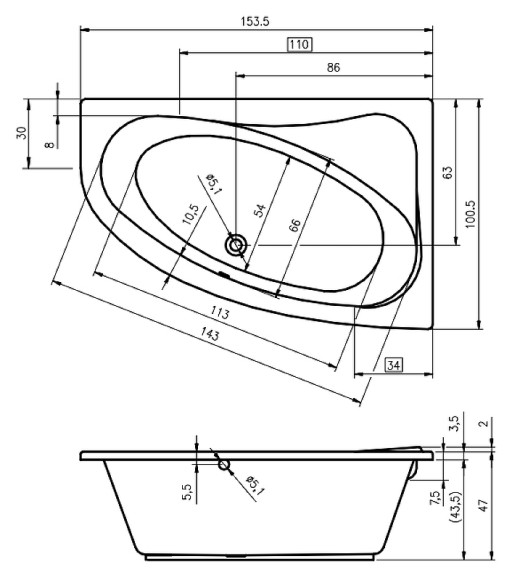 Акриловая ванна Riho Lyra 153x100 B022001005 (BA6800500000000) L без гидромассажа