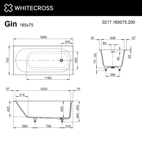 Ванна из искусственного камня Whitecross Gin 165x75 0217.165075.200 Белая матовая без гидромассажа