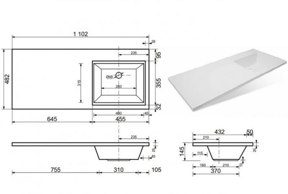 Раковина Эстет Даллас 110 R ФР-00001668 с местом под стиральную машину Белая