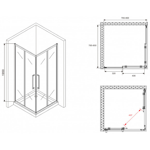Душевой уголок Abber Schwarzer Diamant 80x80 AG02080BDTH профиль Черный стекло тонированное