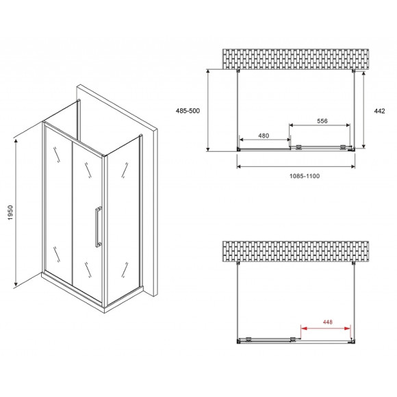 Душевой уголок Abber Schwarzer Diamant 110x50 AG30110MH-S50M-S50M профиль Хром стекло матовое