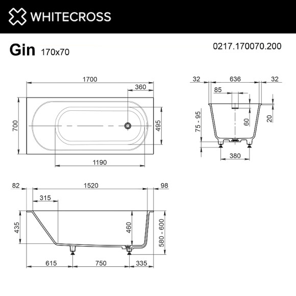Ванна из искусственного камня Whitecross Gin 170x70 0217.170070.200 Белая матовая без гидромассажа