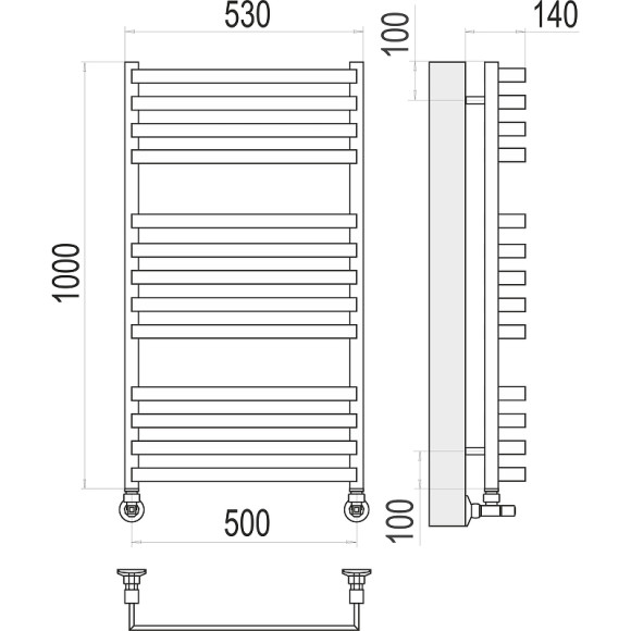 Водяной полотенцесушитель Terminus Рид П13 500х1000 4670078513441 Хром, нижнее подключение, G 1/2" ВР, с комплектом вентилей