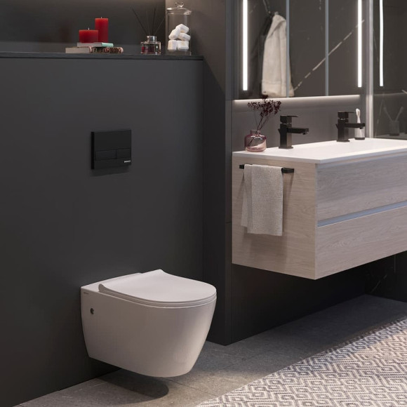 Комплект унитаза с инсталляцией Berges Novum Rimless 043217 с сиденьем Микролифт и Черной клавишей смыва Комплект унитаза с инсталляцией Berges Novum Rimless 043217 с сиденьем Микролифт и Черной клавишей смыва