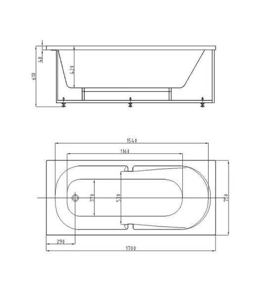 Акриловая ванна Aquatek Лея 170x75 LEY170-0000021 без гидромассажа с фронтальной панелью с каркасом (разборный) со слив-переливом (слева)