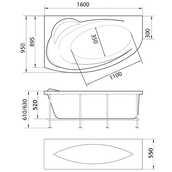 Акриловая ванна Marka One Julianna 160х95 R 01дж1695п без гидромассажа