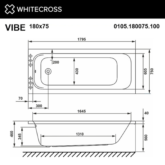 Акриловая ванна Whitecross Vibe 180x75 0105.180075.100 без гидромассажа Акриловая ванна Whitecross Vibe 180x75 0105.180075.100 без гидромассажа