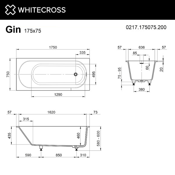 Ванна из искусственного камня Whitecross Gin 175x75 0217.175075.200 Белая матовая без гидромассажа