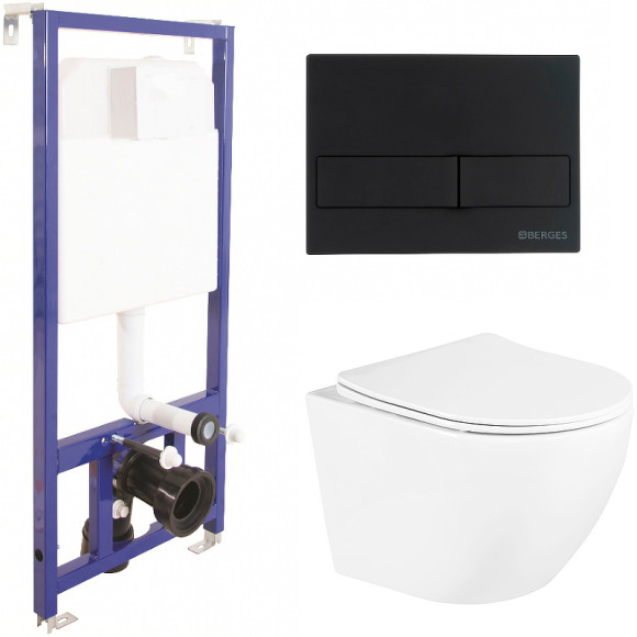 Комплект унитаза BelBagno Uno BB3105CHR/SC с инсталляцией Berges Novum L5 040215 с сиденьем Микролифт и Черной матовой клавишей смыва